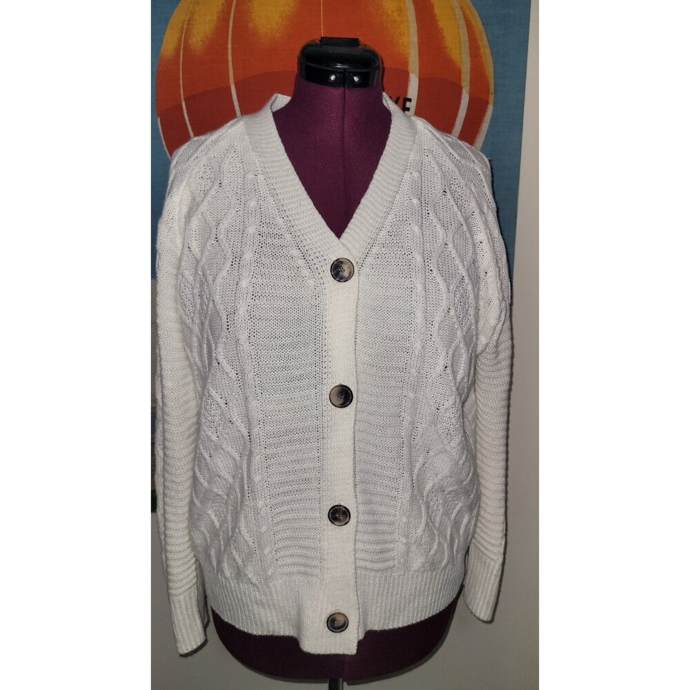 Sweater Chunky Cable Knit Cardigan Button Front Ivory Fisherman Plus 2X